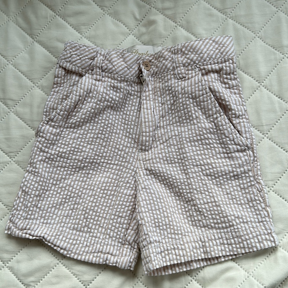 EUC Strasburg, khaki and white striped seersucker shorts